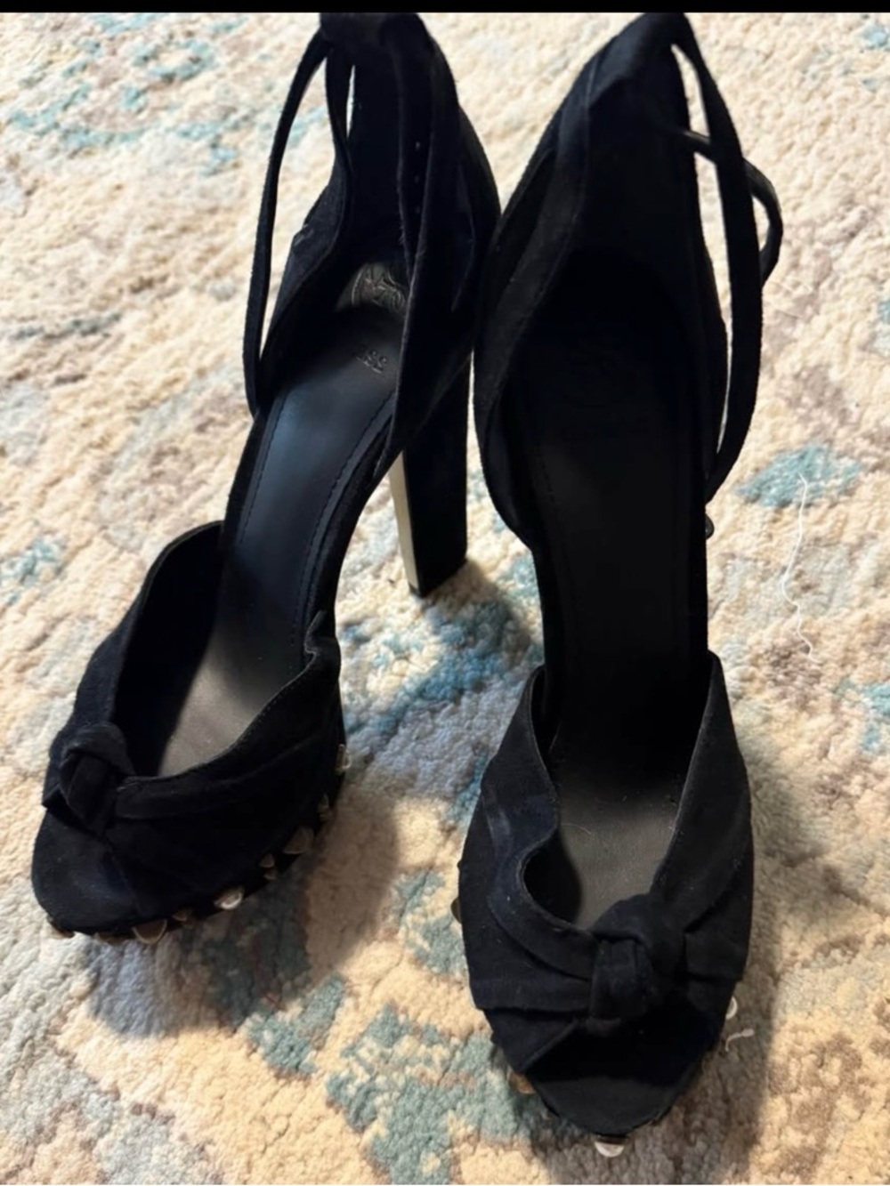 Guess Black Suede Knot Peep-Toe Ankle Tie Heels